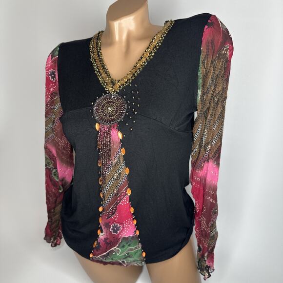 Boho Whimsigoth Sequin Beaded Medallion Top Festival Witchy Gypsy Fairycore M - Picture 16 of 16